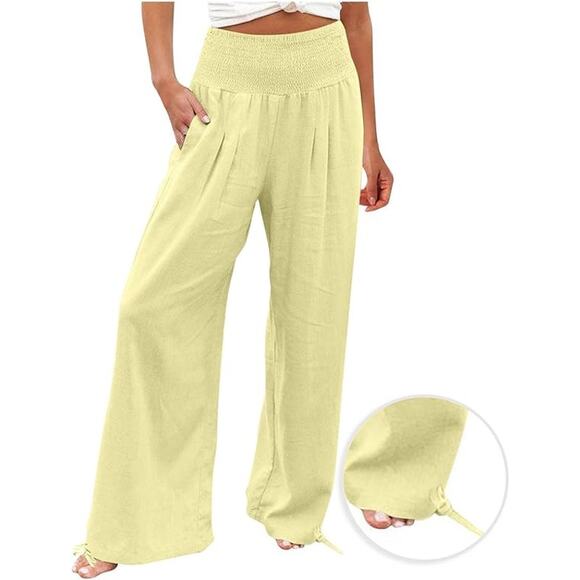 Linen Palazzo Wide Leg High Waisted Lounge Casual Pants & Pockets Women's Size L - Picture 1 of 9